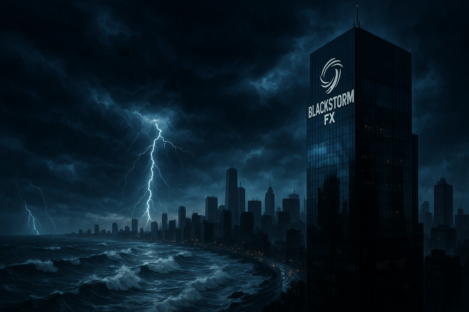 SFONDO DI UNA CITTà CON IL MARE E LA TEMPESTA, E UN GRATTACIELO CON IL LOGO BLACKSTORM FX